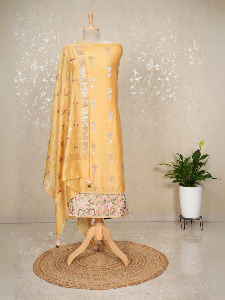 Chanderi Banarasi with zari like embroidery on shirt hem and dupatta with bootas embroidered with imported bottom