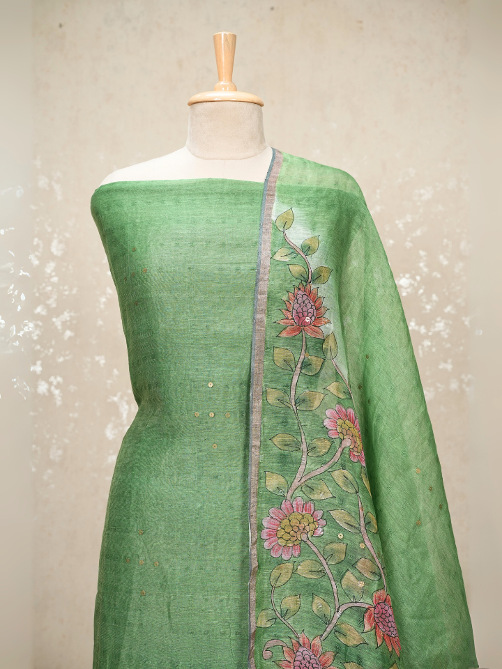 Pure Silk Linen Kalamkari Suit with Crepe Bottom & Sequence Weave – 3 Pc Party Set