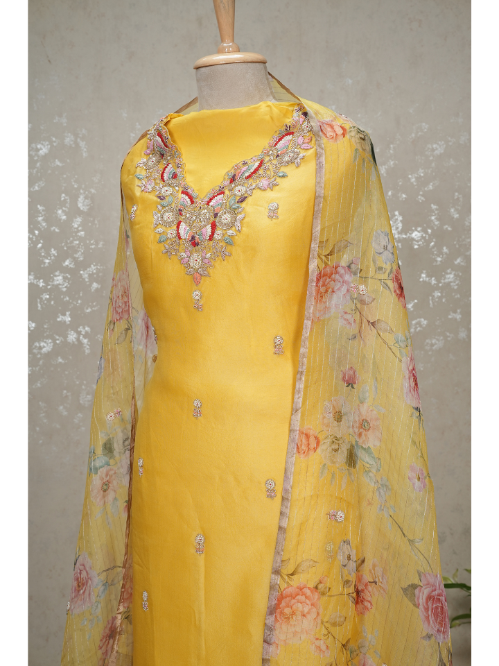 Organza silk 3pc suit set with hand embroidery on neck and shirt and dupatta ,with pure crepe bottoms , extra embroidery for sleeves included