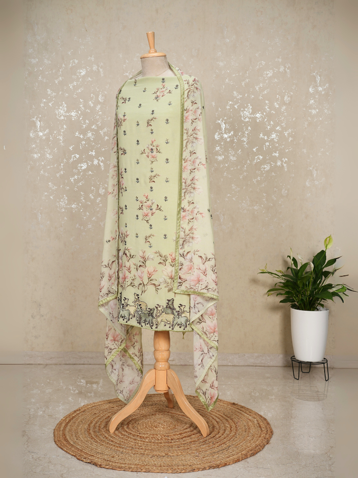 Pichwai Embroidered Pure Georgette Printed Suit Set with pure crepe bottom