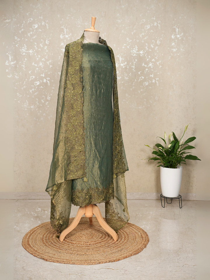 Green Crush tissue suit with crepe bottom mirror work all over the shirt and dupatta
