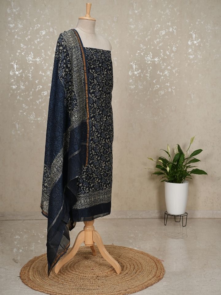 Pure Silk Maheshwari 3-Piece Suit with indigo Printed Top & Imported Bottom