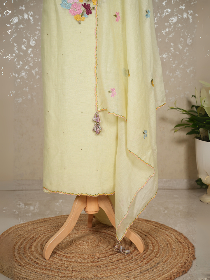 Heavy Neck Embroidered Pure Mul Chanderi Suit Set with Beads & Tassel Dupatta – 3 Pc