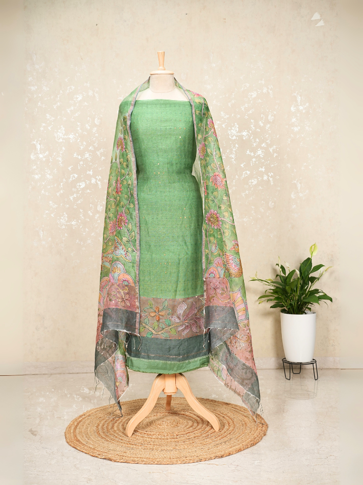 Pure Silk Linen Kalamkari Suit with Crepe Bottom & Sequence Weave – 3 Pc Party Set