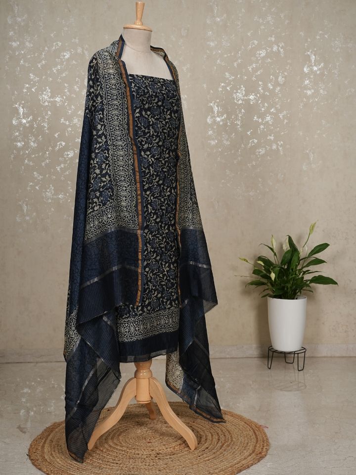 Pure Silk Maheshwari 3-Piece Suit with indigo Printed Top & Imported Bottom