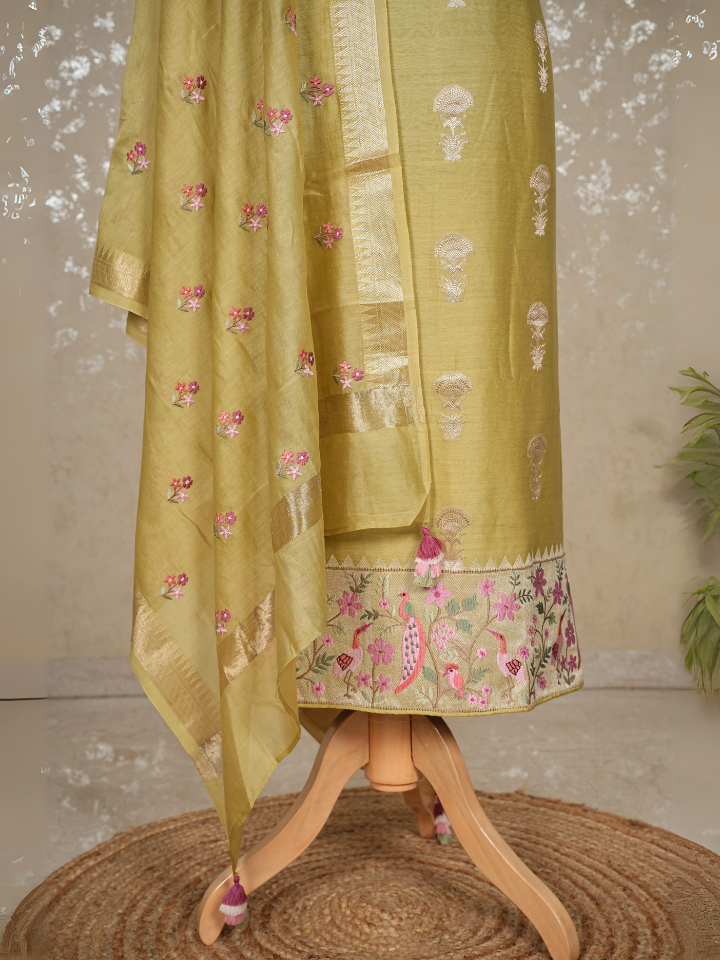 Chanderi Banarasi with zari like embroidery on shirt hem and dupatta with bootas embroidered with imported bottom