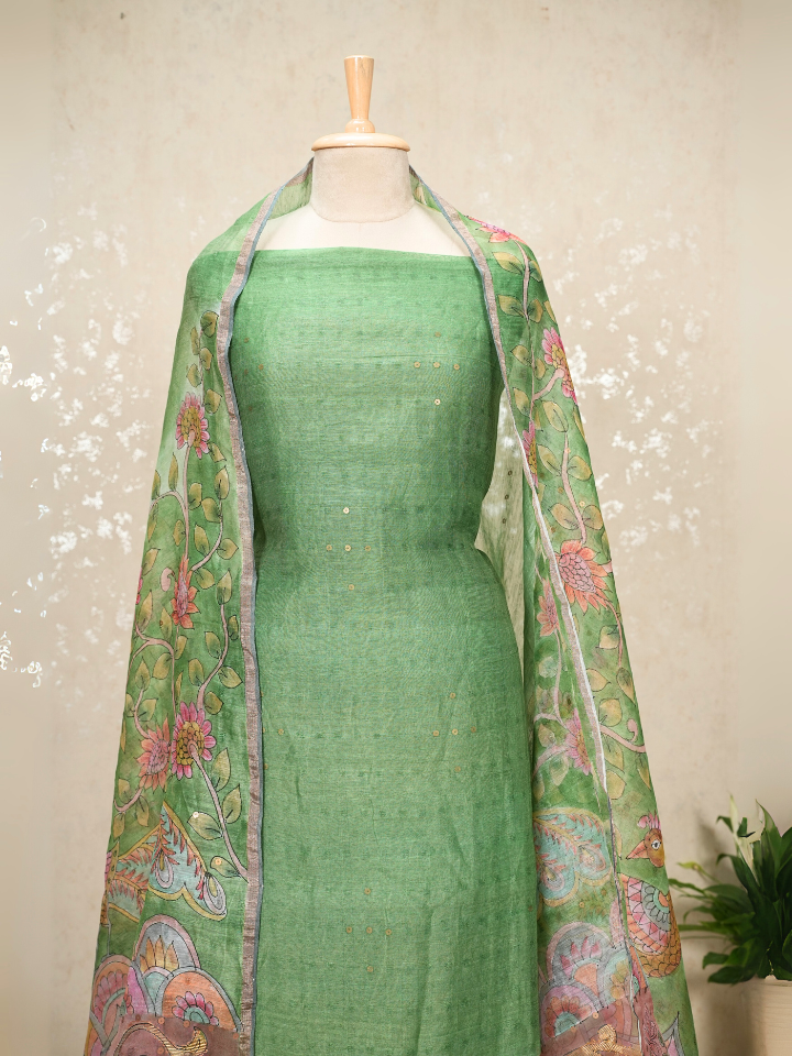 Pure Silk Linen Kalamkari Suit with Crepe Bottom & Sequence Weave – 3 Pc Party Set