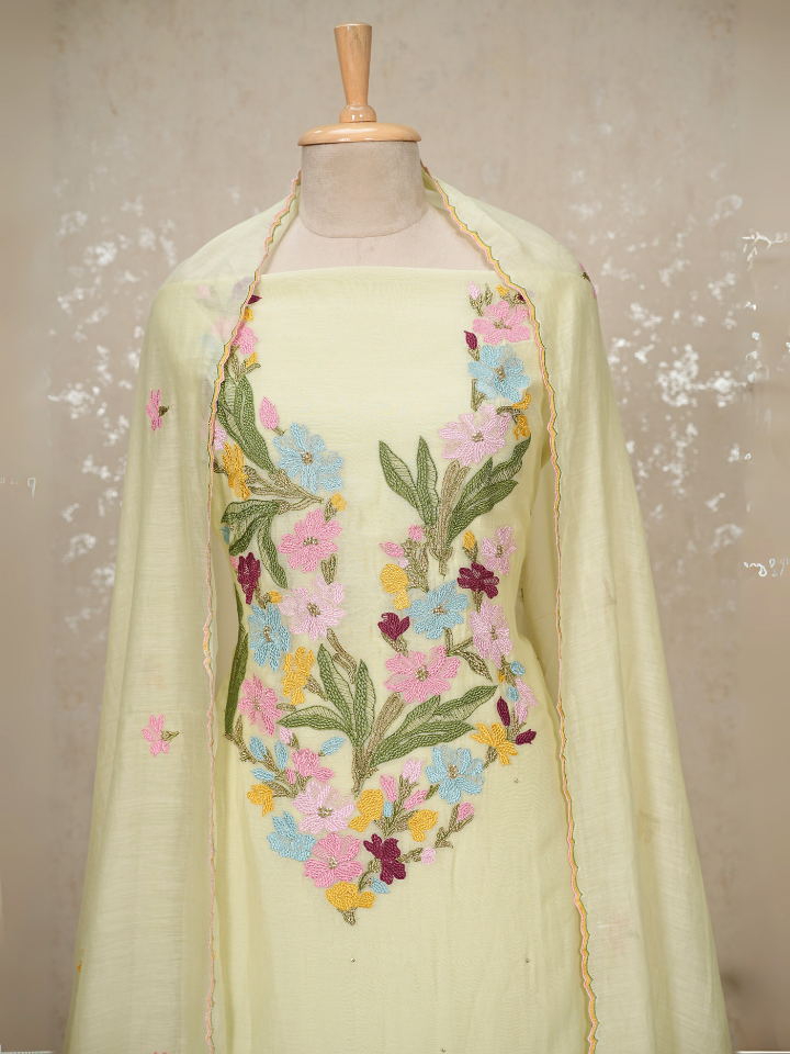 Heavy Neck Embroidered Pure Mul Chanderi Suit Set with Beads & Tassel Dupatta – 3 Pc