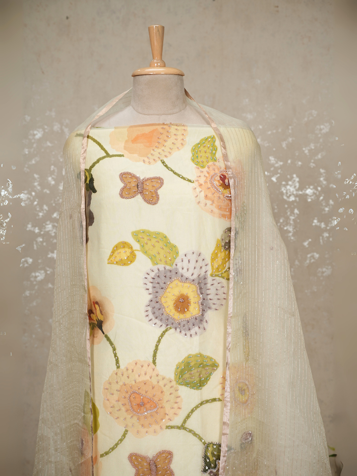 Organza silk shirt with beads and sequence heavy embroidery on shirt and dupatta with pure crepe bottoms