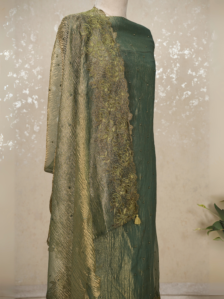 Green Crush tissue suit with crepe bottom mirror work all over the shirt and dupatta