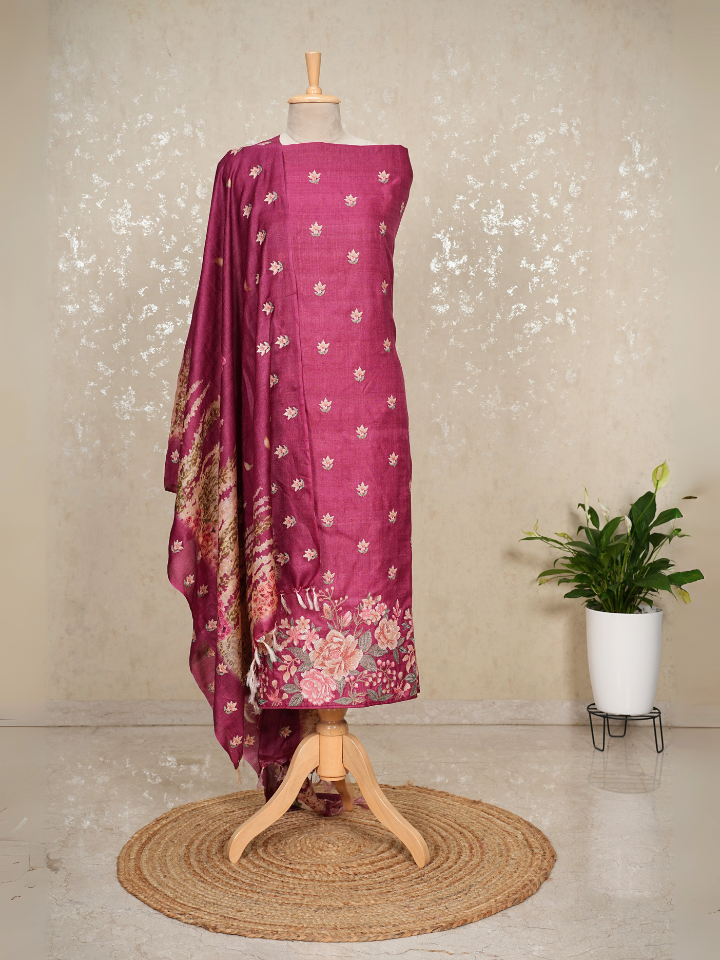 Tussar silk with intricate embroidery on shirt and swans printed on dupatta with pure crepe bottom