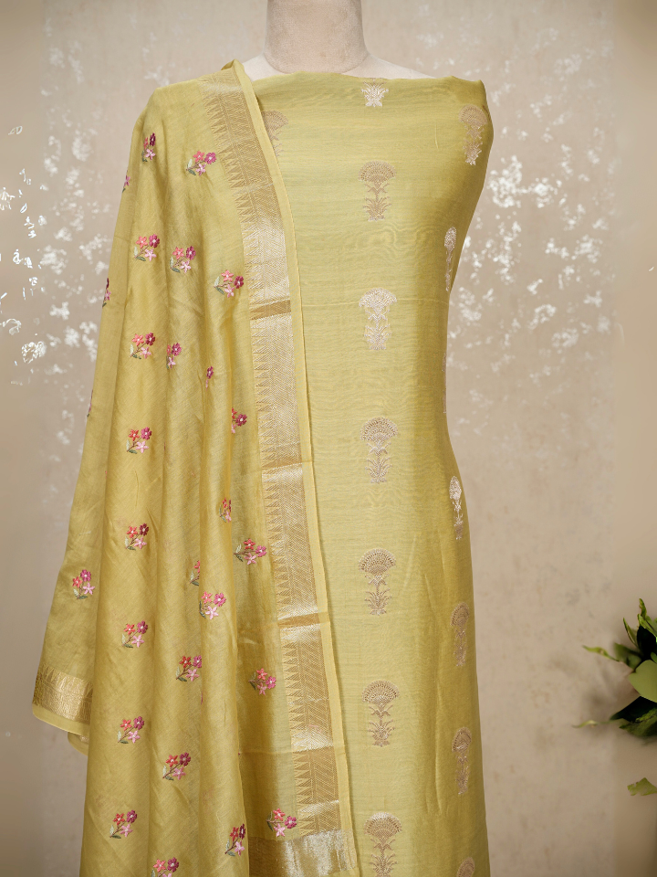 Chanderi Banarasi with zari like embroidery on shirt hem and dupatta with bootas embroidered with imported bottom