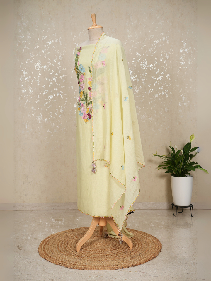 Heavy Neck Embroidered Pure Mul Chanderi Suit Set with Beads & Tassel Dupatta – 3 Pc