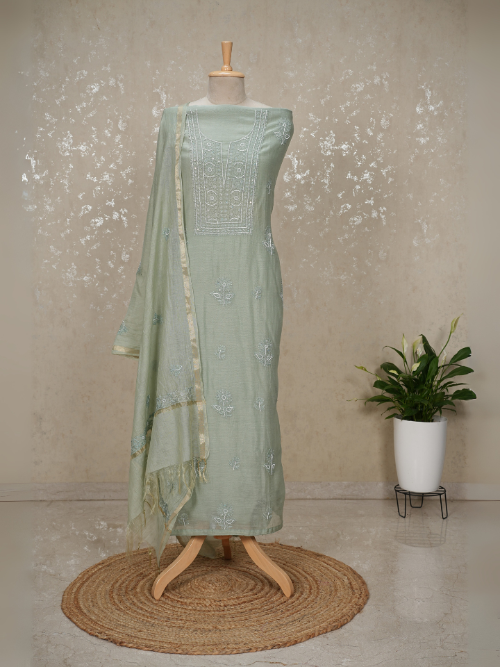 Chikankari Mul Chanderi Suit with Pearl & Sequin Embroidery