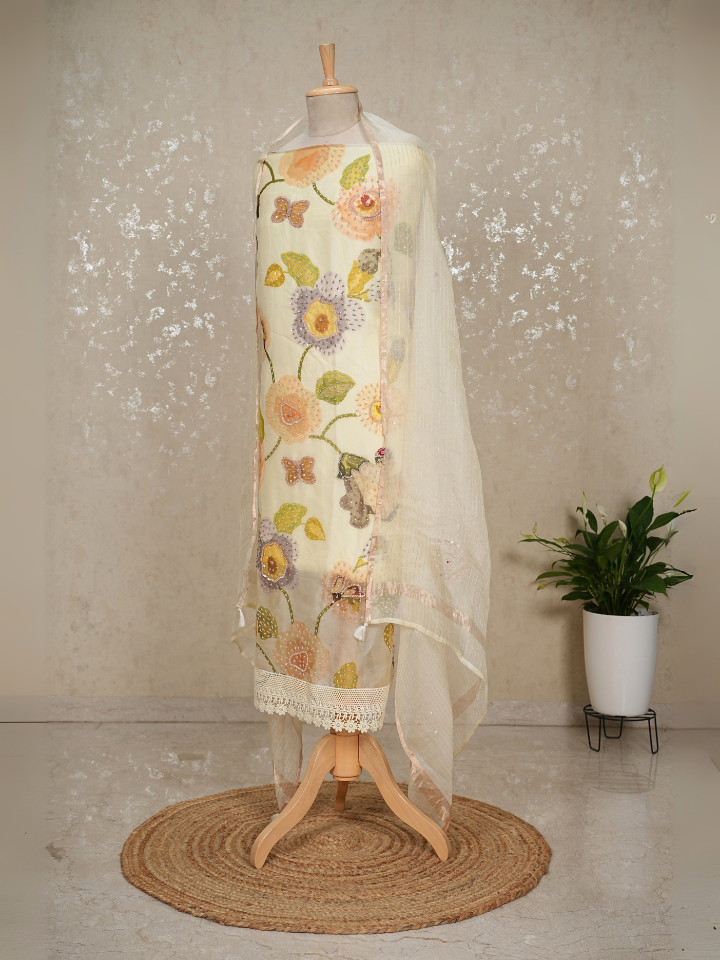 Organza silk shirt with beads and sequence heavy embroidery on shirt and dupatta with pure crepe bottoms
