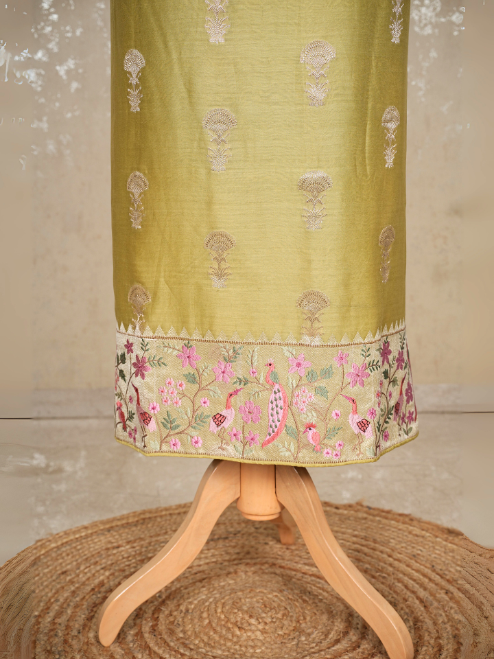 Chanderi Banarasi with zari like embroidery on shirt hem and dupatta with bootas embroidered with imported bottom