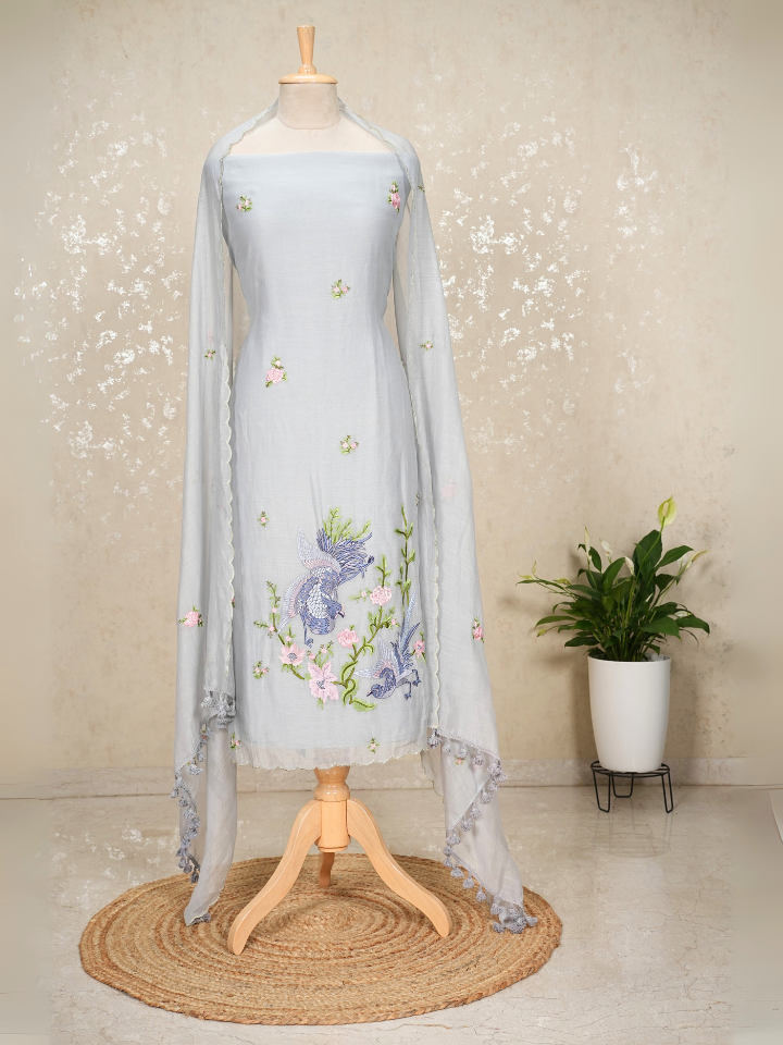 Bird Embroidery Pure Mul Chanderi Suit with Tassel Dupatta – 3 Pc Set