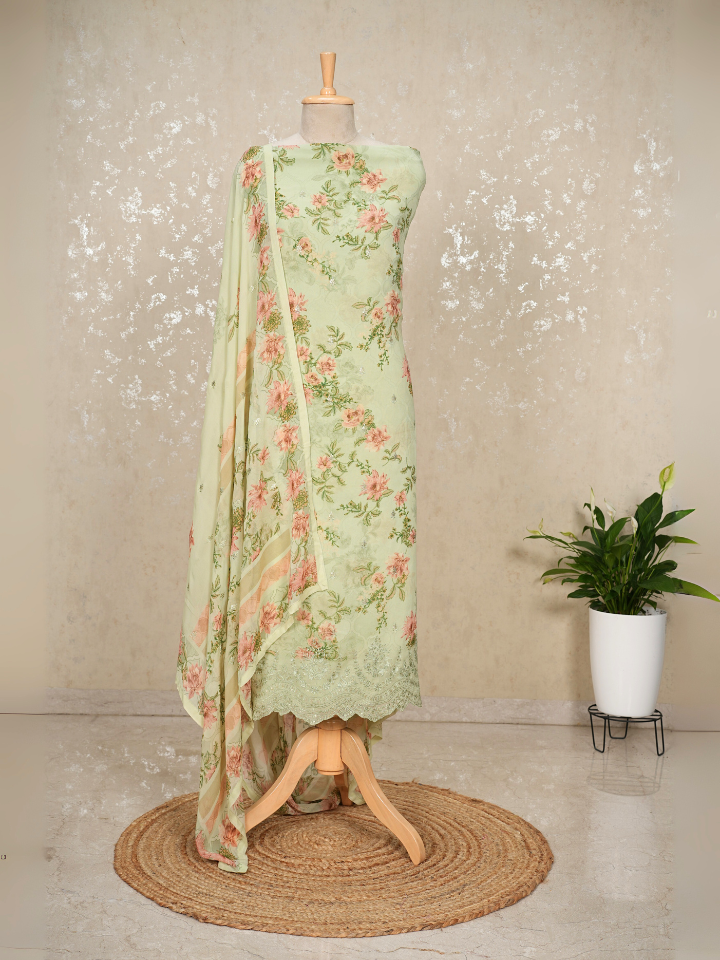 Sequined Pure Georgette Printed Suit with Crepe Bottom