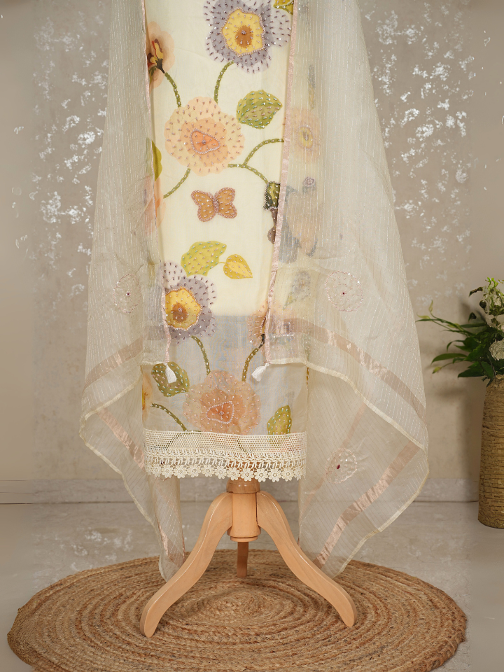 Organza silk shirt with beads and sequence heavy embroidery on shirt and dupatta with pure crepe bottoms