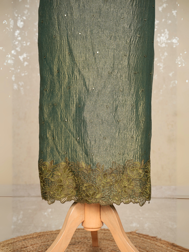 Green Crush tissue suit with crepe bottom mirror work all over the shirt and dupatta