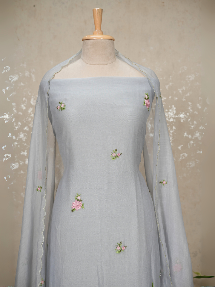 Bird Embroidery Pure Mul Chanderi Suit with Tassel Dupatta – 3 Pc Set