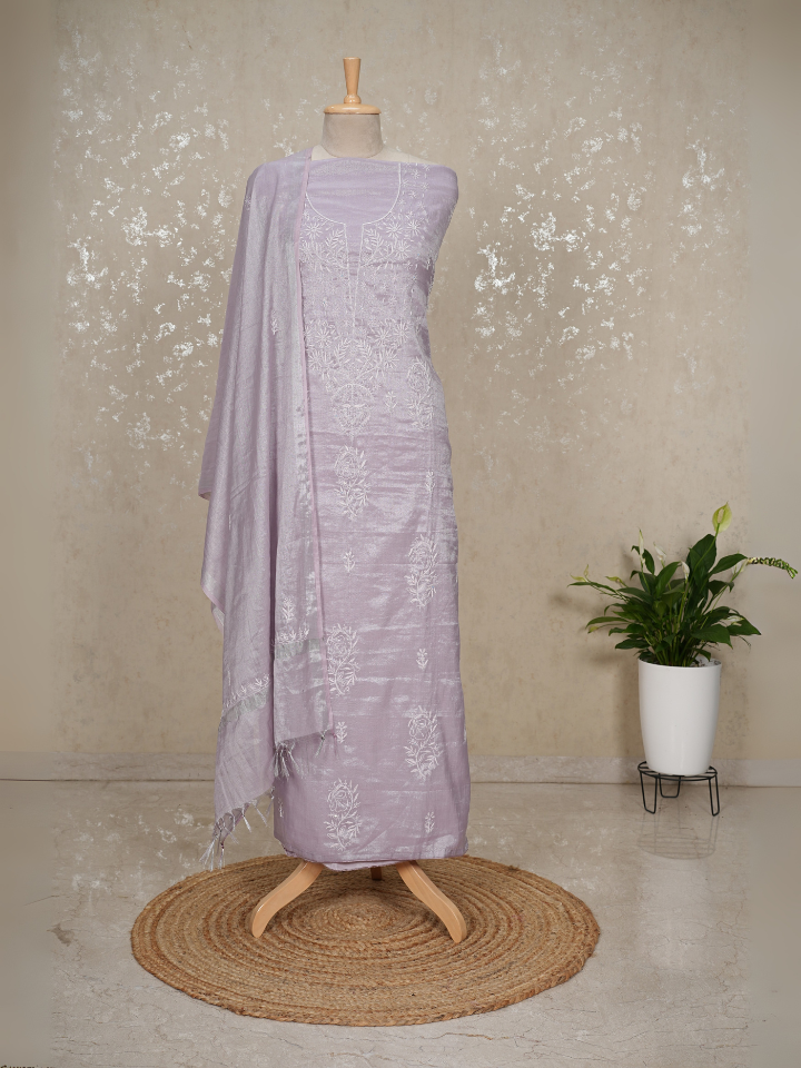 Tissue Mul Chanderi Chikankari 3-Piece Suit with Pearls & Sequins