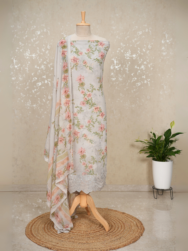 Sequined Pure Georgette Printed Suit with Crepe Bottom