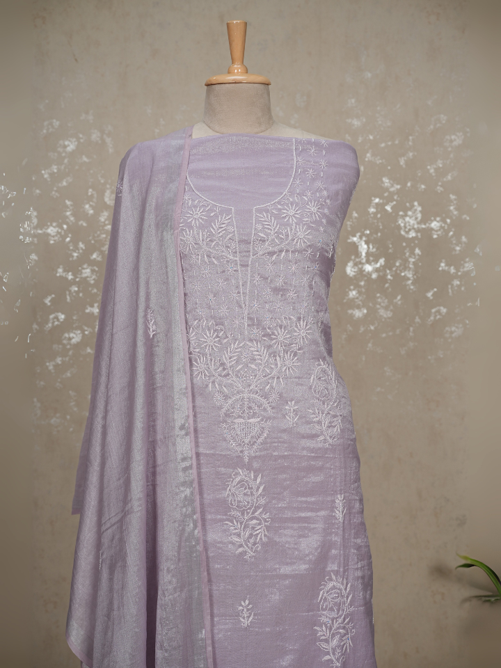 Tissue Mul Chanderi Chikankari 3-Piece Suit with Pearls & Sequins