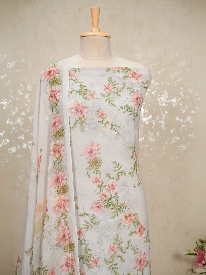 Sequined Pure Georgette Printed Suit with Crepe Bottom