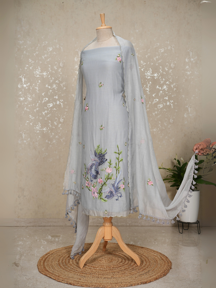 Bird Embroidery Pure Mul Chanderi Suit with Tassel Dupatta – 3 Pc Set