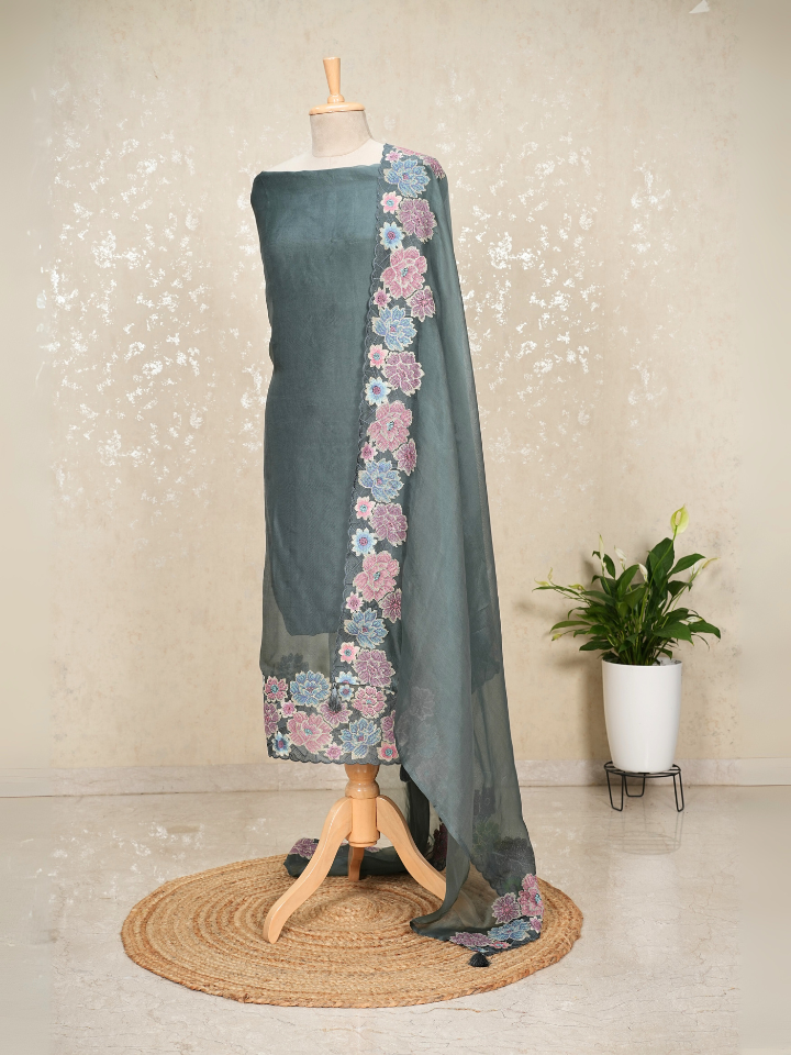 organza silk 3pc set with very fine embroidery on hem and dupatta with pure crepe bottom