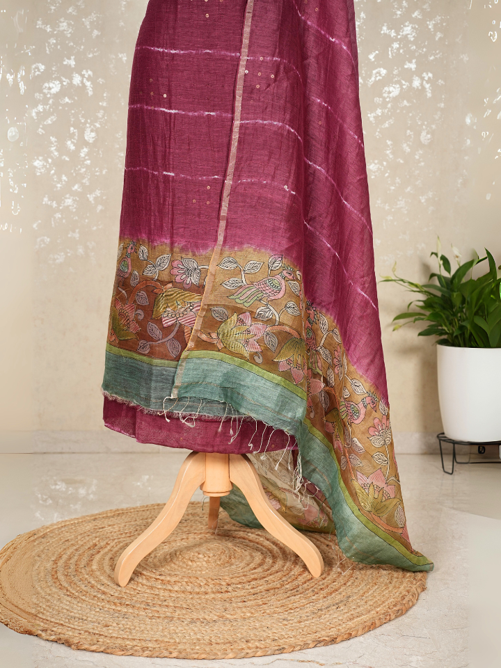 Pure Silk Linen Kalamkari Suit with Crepe Bottom & Sequence Weave – 3 Pc Party Set
