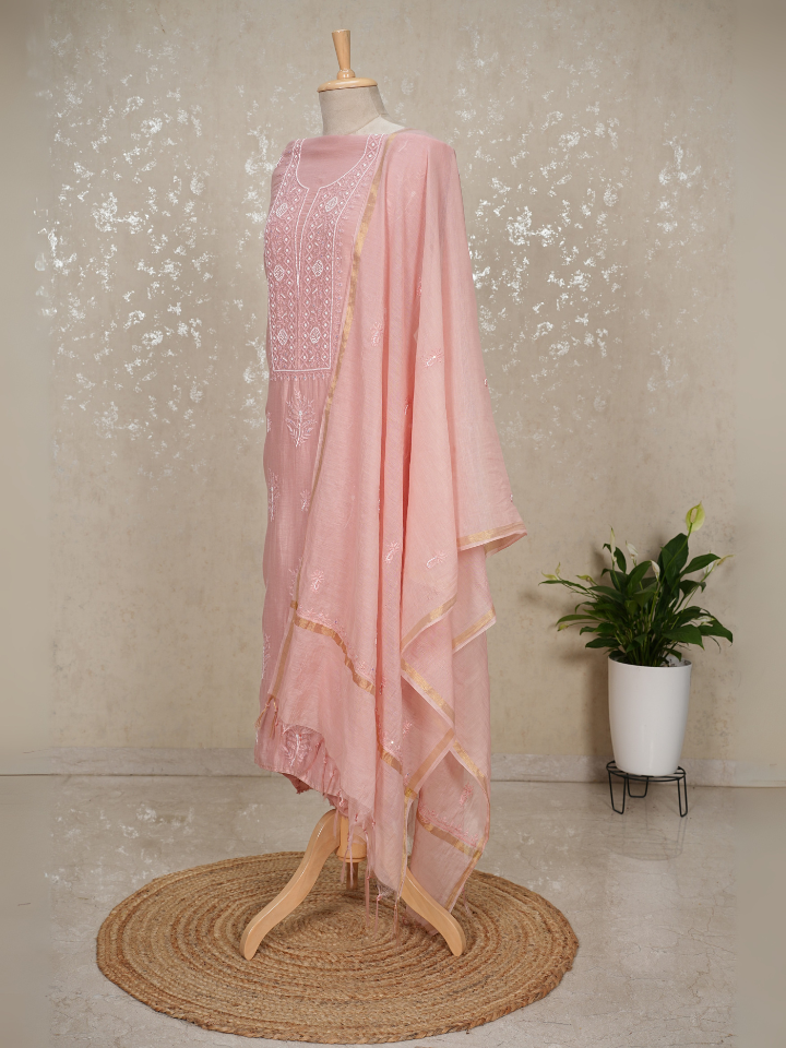Chikankari Mul Chanderi Suit with Pearl & Sequin Embroidery