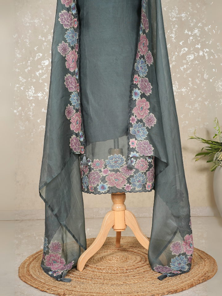 organza silk 3pc set with very fine embroidery on hem and dupatta with pure crepe bottom
