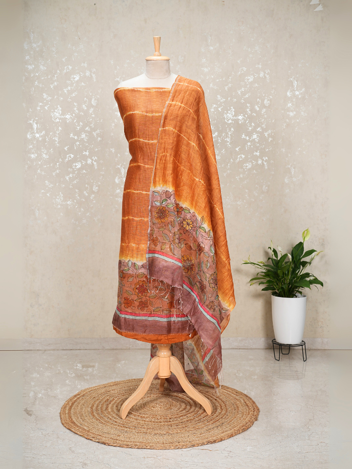 Pure Silk Linen Kalamkari Suit with Crepe Bottom & Sequence Weave – 3 Pc Party Set