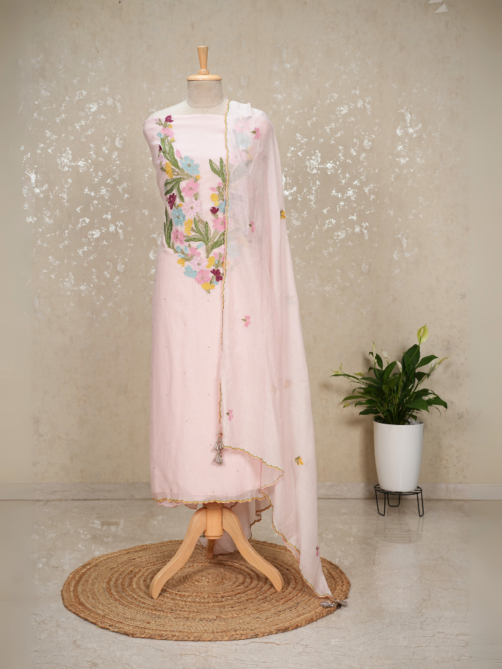 Heavy Neck Embroidered Pure Mul Chanderi Suit Set with Beads & Tassel Dupatta – 3 Pc