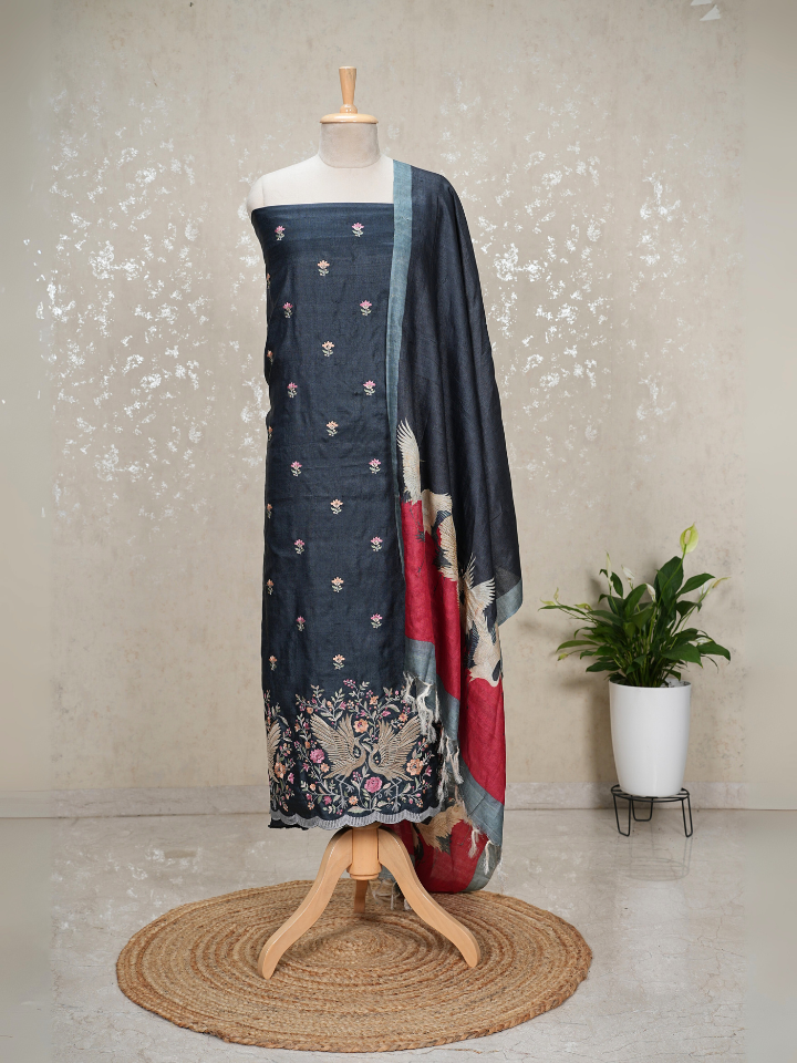 Tussar silk with intricate embroidery on shirt and swans printed on dupatta with pure crepe bottom