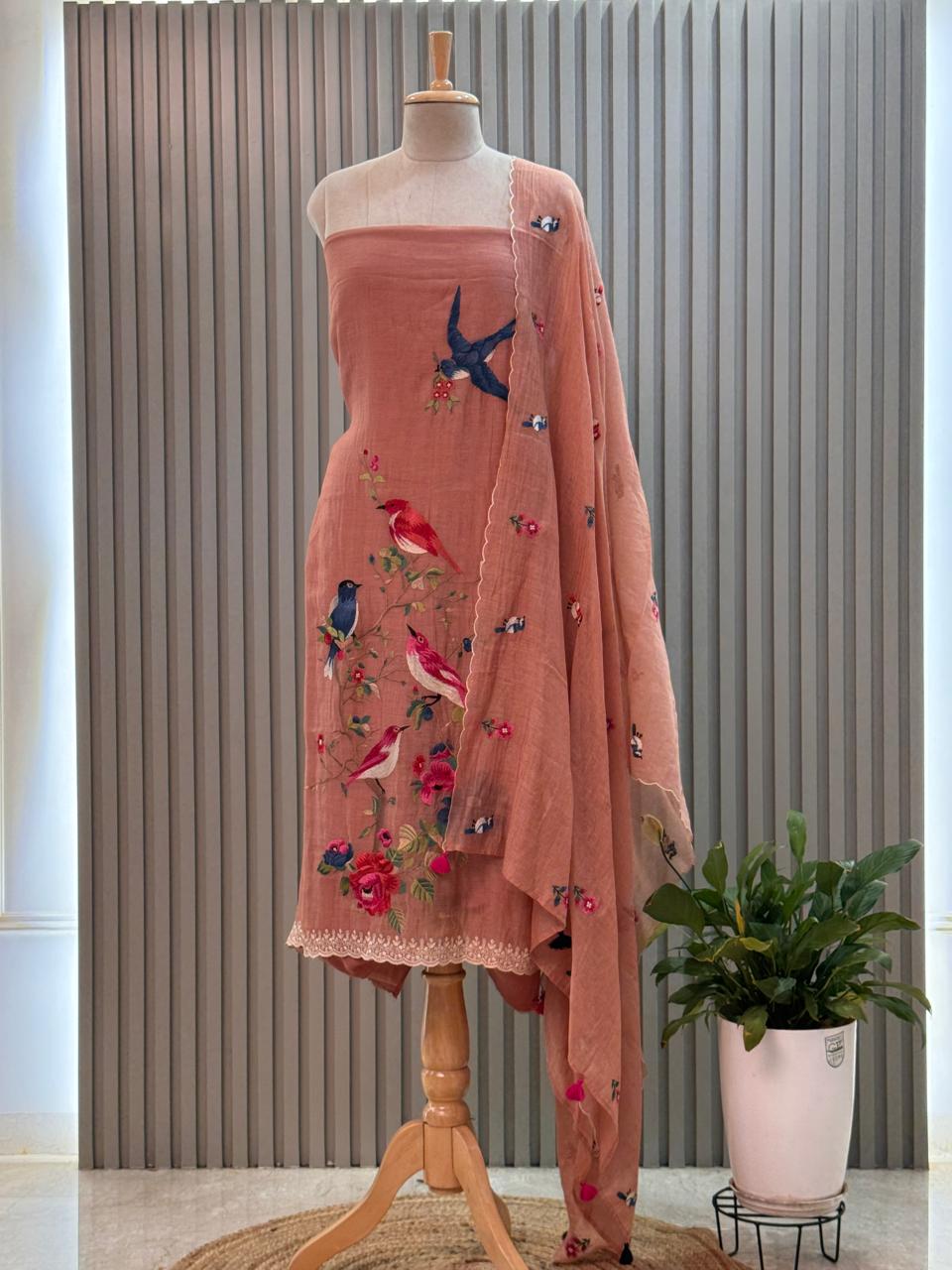 Pure mul chanderi suit with bird resham embroidery