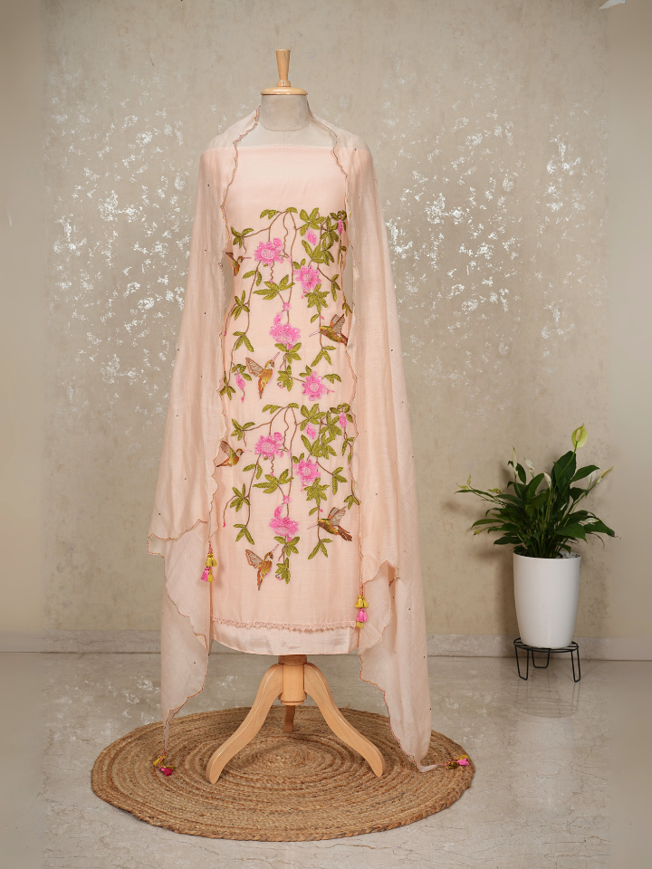 Hummingbird Embroidered Mul Chanderi Suit with Sequin Dupatta – 3 Pc Set