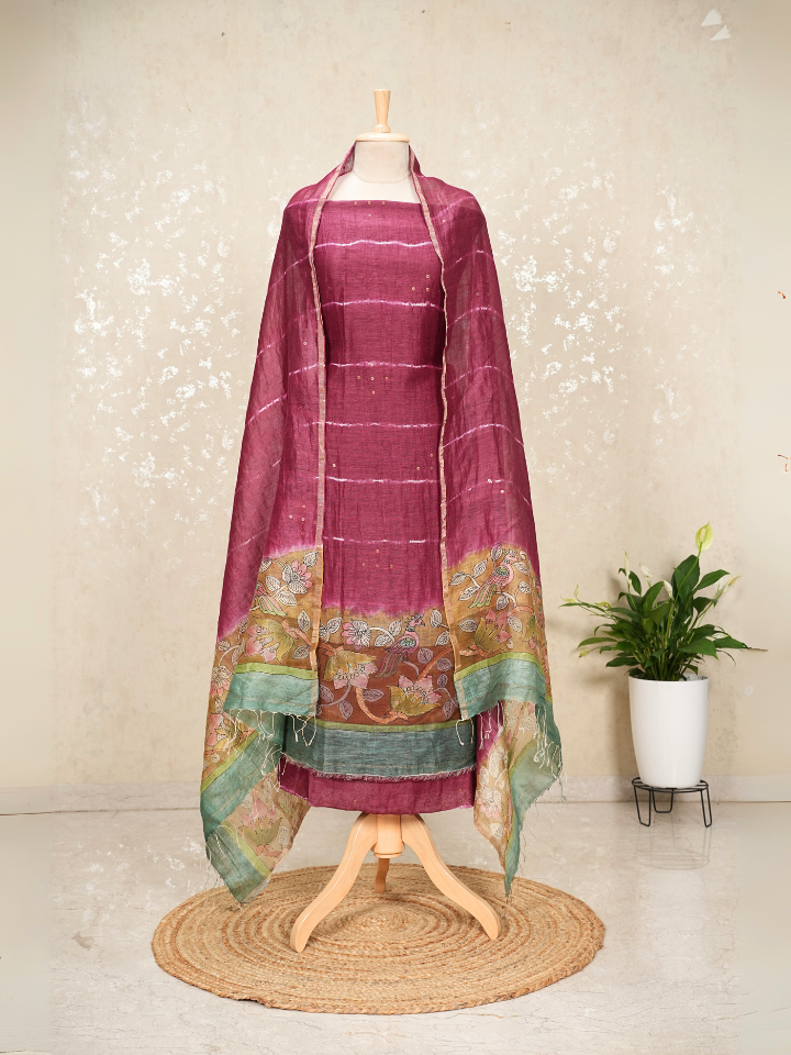 Pure Silk Linen Kalamkari Suit with Crepe Bottom & Sequence Weave – 3 Pc Party Set