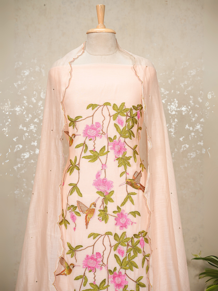 Hummingbird Embroidered Mul Chanderi Suit with Sequin Dupatta – 3 Pc Set