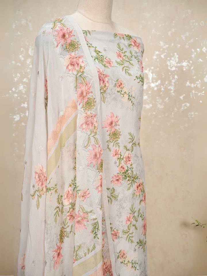 Sequined Pure Georgette Printed Suit with Crepe Bottom