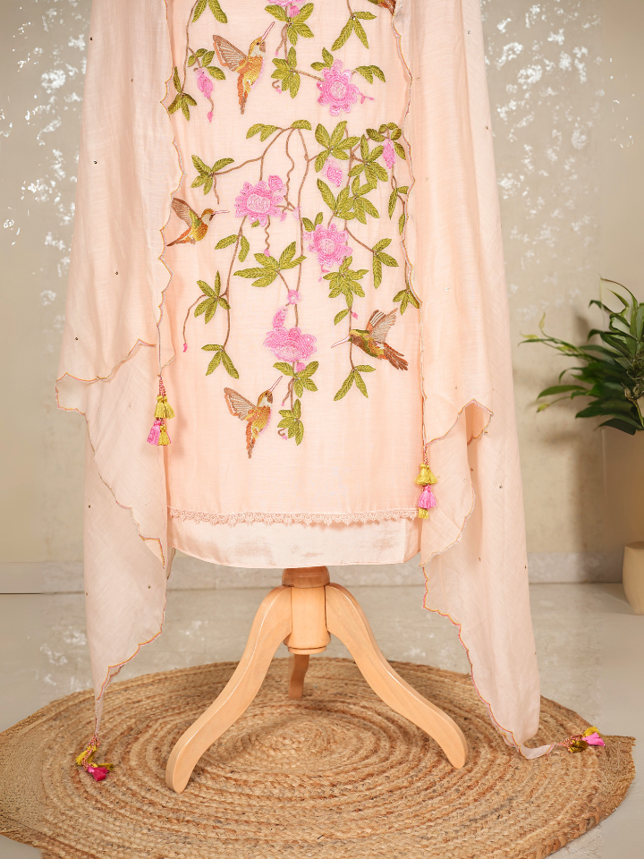 Hummingbird Embroidered Mul Chanderi Suit with Sequin Dupatta – 3 Pc Set