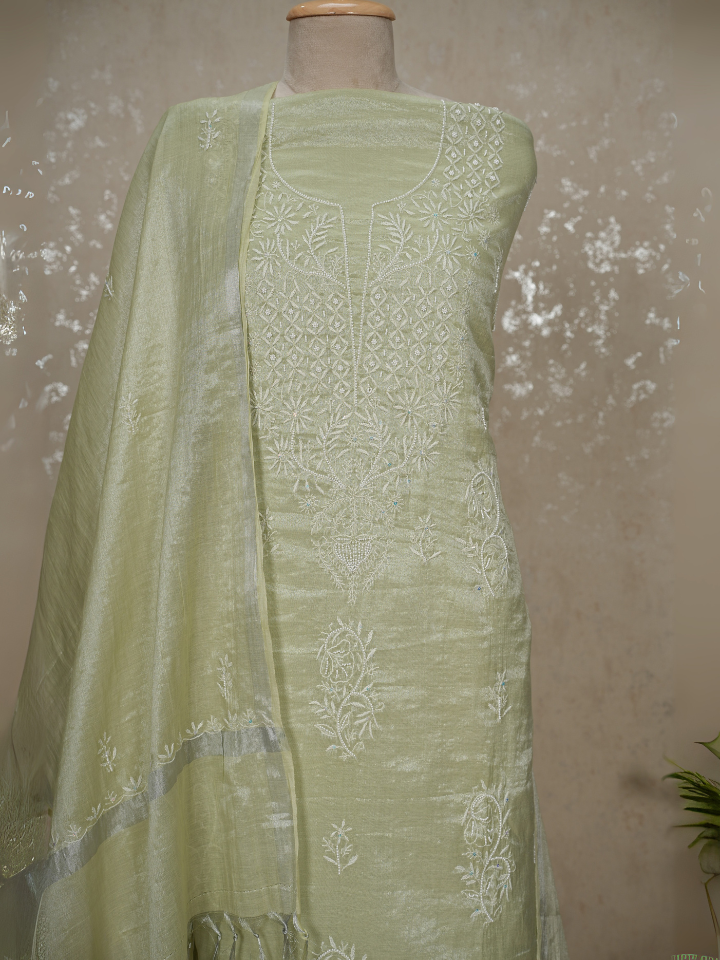 Tissue Mul Chanderi Chikankari 3-Piece Suit with Pearls & Sequins