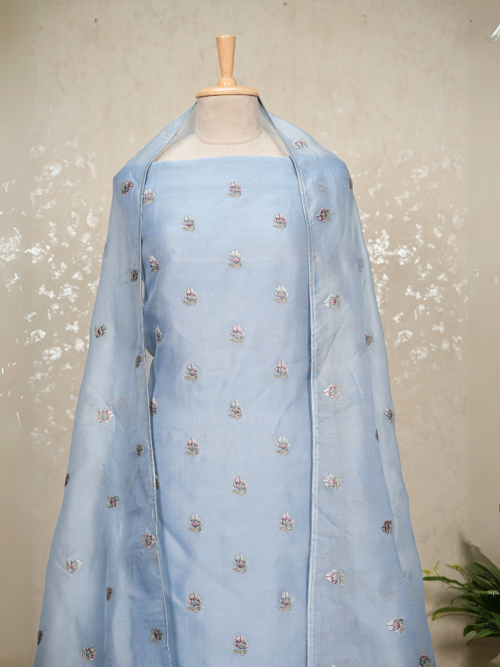 Organza with thread embroidered shirt and dupatta and cutwork on hem