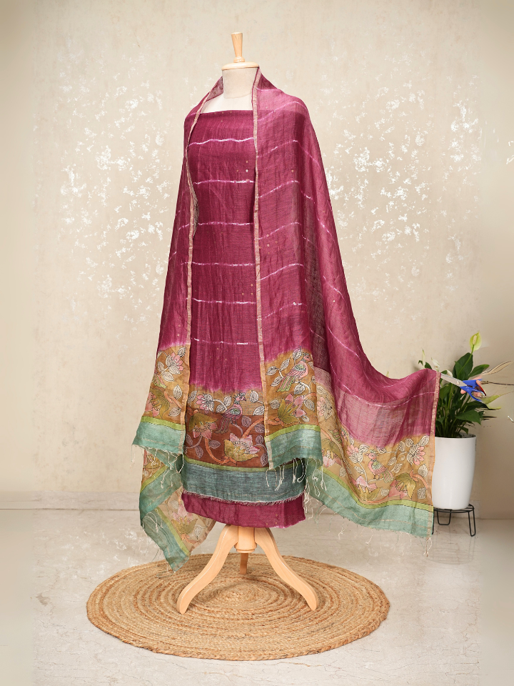 Pure Silk Linen Kalamkari Suit with Crepe Bottom & Sequence Weave – 3 Pc Party Set
