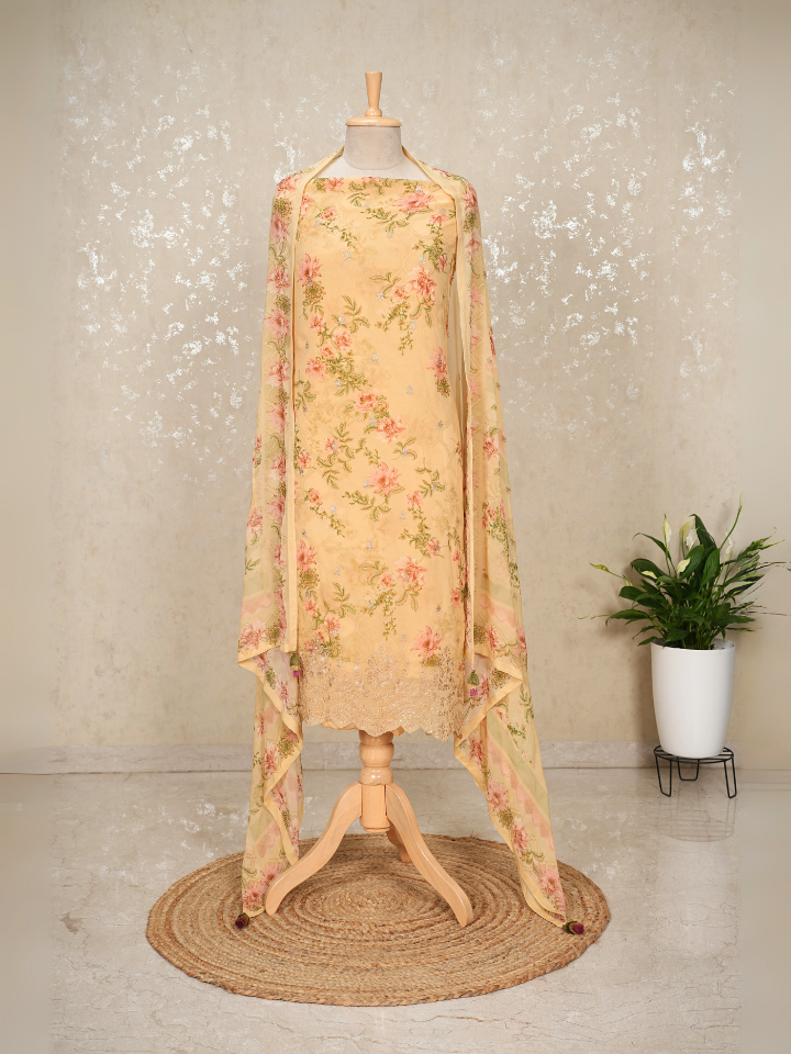 Sequined Pure Georgette Printed Suit with Crepe Bottom