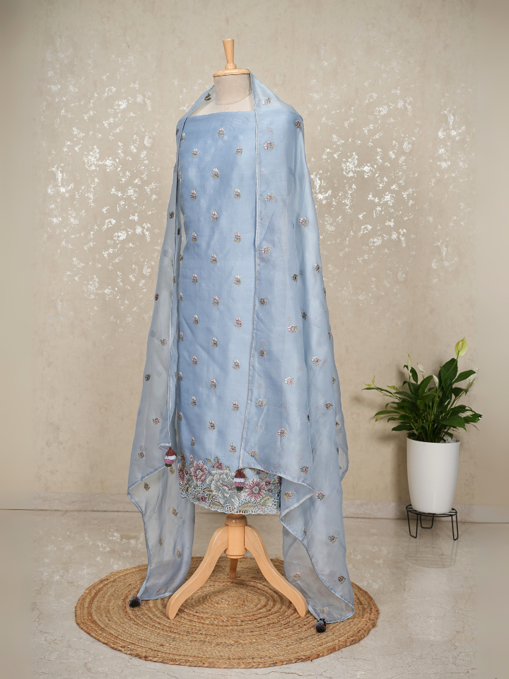 Organza with thread embroidered shirt and dupatta and cutwork on hem
