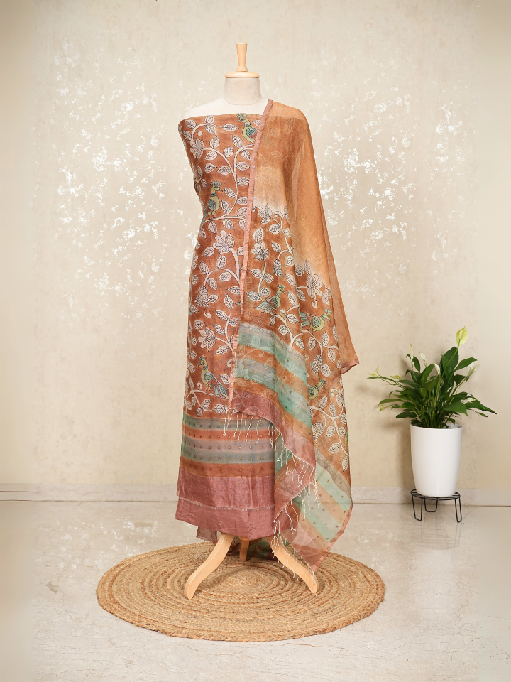 Pure Silk Linen Kalamkari Suit with Crepe Bottom & Sequence Weave – 3 Pc Party Set