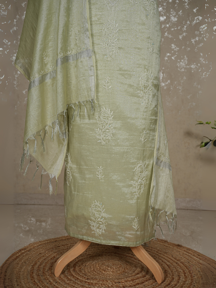 Tissue Mul Chanderi Chikankari 3-Piece Suit with Pearls & Sequins